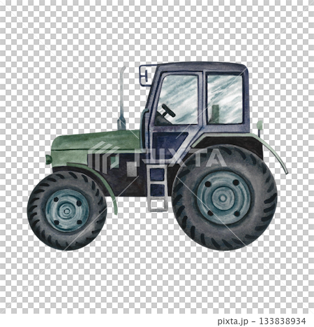 Green agricultural tractor. Hand-drawn watercolor illustration. Concept of agricultural machinery. Element of banner, label, postcard, and more design. 133838934