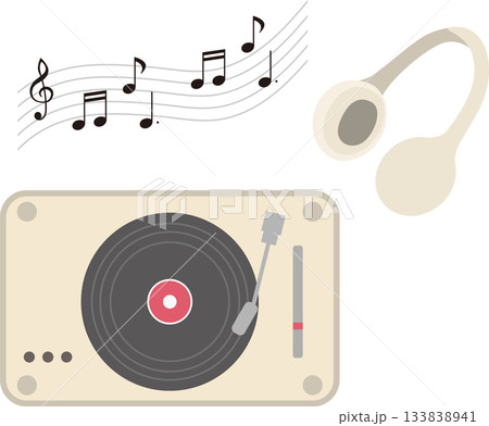 ベージュのレコードプレーヤーとヘッドフォンと音符のシンプルイラスト素材 ベージュのレコードプレーヤーとヘッドフォンと音符のシンプルイラスト素材 133838941