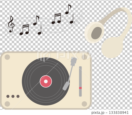 ベージュのレコードプレーヤーとヘッドフォンと音符のシンプルイラスト素材 ベージュのレコードプレーヤーとヘッドフォンと音符のシンプルイラスト素材 133838941