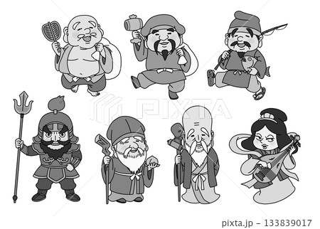 かわいい七福神のイラストセット(グレー) かわいい七福神のイラストセット(グレー) 133839017
