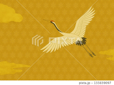 文様と雲紋に鶴が舞うイラスト 133839097