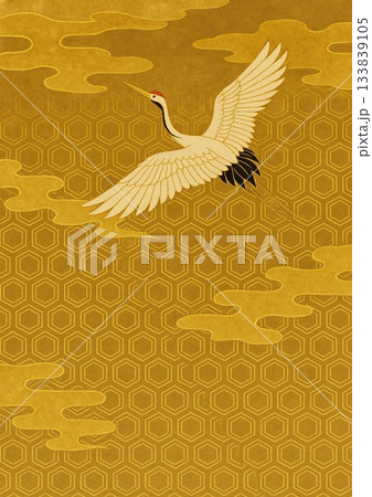 亀甲紋と雲紋に鶴が舞うイラスト 亀甲紋と雲紋に鶴が舞うイラスト 133839105