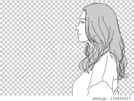 Profile of a young woman with long black hair, upper body bust up, monochrome Profile of a young woman with long black hair, upper body bust up, monochrome 133839257