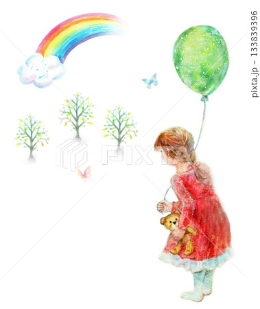 水彩で描いた風船を持つ女の子と虹 133839396