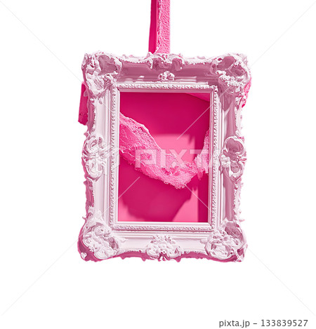 Striking minimalist pink ornate frame with abstract draped fabric art, symbolizing creative expression and artistic disruption in a modern aesthetic, perfect for design projects. 133839527