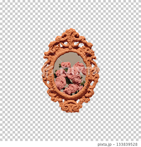 Exquisite vintage embroidered rose bouquet artfully displayed within an ornate, textured peach-toned oval frame, evoking timeless elegance and delicate beauty for decorative projects. 133839528