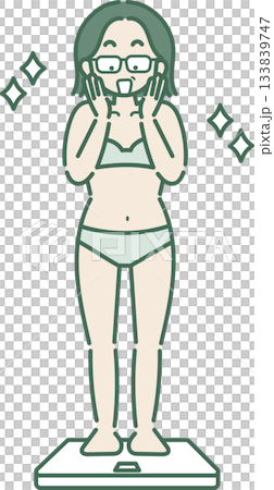 Illustration of a woman in her 40s who is happy to have successfully lost weight by stepping on a weighing scale Illustration of a woman in her 40s who is happy to have successfully lost weight by stepping on a weighing scale 133839747