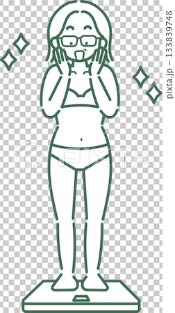 Illustration of a woman in her 40s who is happy to have successfully lost weight by stepping on a scale (line drawing only) Illustration of a woman in her 40s who is happy to have successfully lost weight by stepping on a scale (line drawing only) 133839748