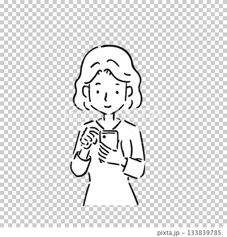 線画・俯いてスマホを操作している若い女性 133839785