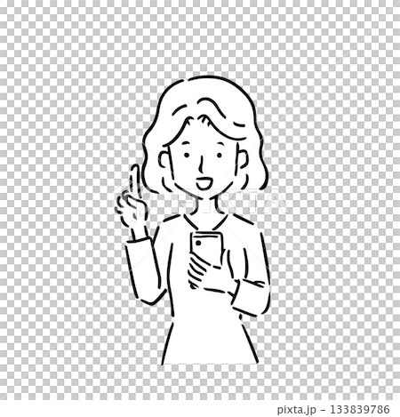 線描:一位年輕女子手持智慧型手機,食指豎起 線描:一位年輕女子手持智慧型手機,食指豎起 133839786