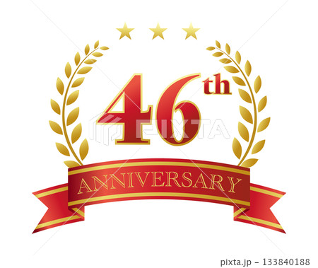 四十六周年記念のアイコン。赤いリボンと装飾フレーム。 133840188