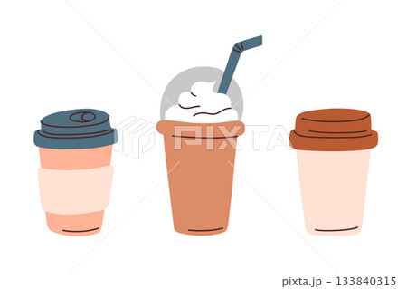 Vector illustration in flat cartoon style with disposable cup set for coffee, cocktails and cold drinks icon collection, lids and straw, beverage packaging concept for food projects and branding 133840315