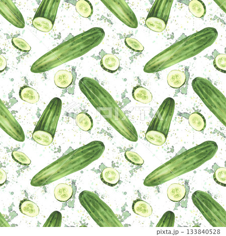 Cucumber with slices seamless pattern. Whole vegetable and sliced in circles fruit. Food packaging, fabric on isolated white background with watercolor green splashes stains hand drawn illustration 133840528