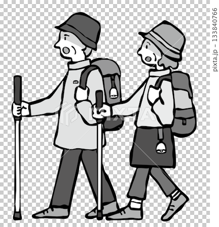 Senior men and women who are scared after encountering something while hiking 133840766