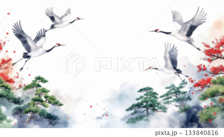 水彩で描いた鶴のイラスト 水彩で描いた鶴のイラスト 133840816