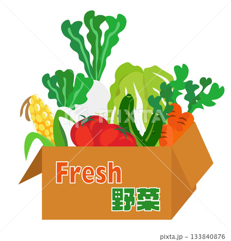新鮮な野菜と書かれた段ボール箱にいっぱい詰まった野菜のイラスト 133840876