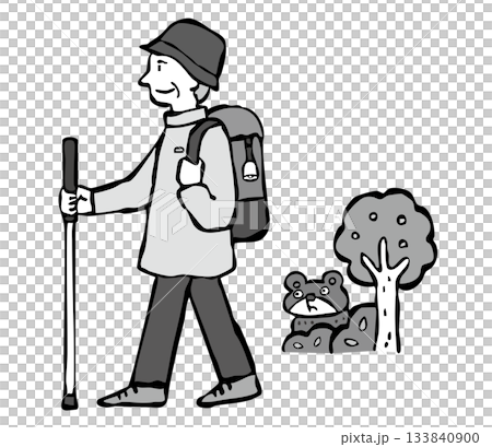 熊よけの鈴をつけてハイキングをする男性（シニア） 133840900