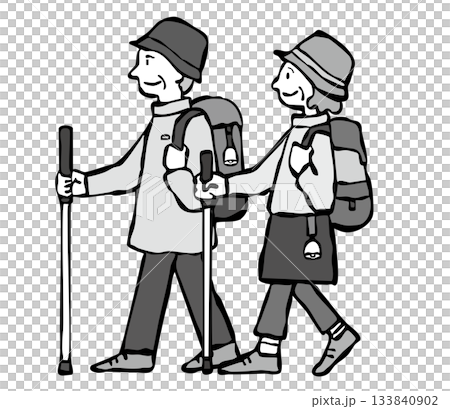 老年男女在健行時配戴熊鈴 老年男女在健行時配戴熊鈴 133840902