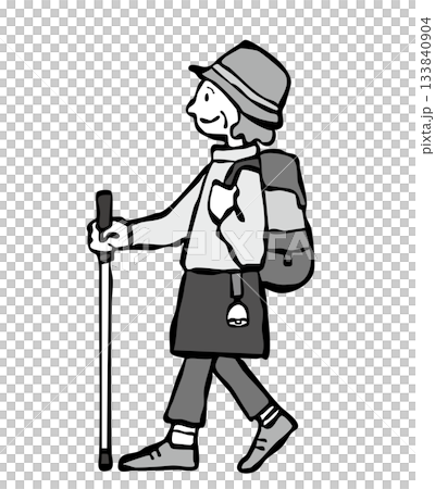 一位佩戴熊鈴鐺的老年婦女健行 133840904