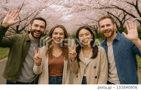 桜の下で笑顔の若者グループ|春の景色・花見・観光イメージ 桜の下で笑顔の若者グループ|春の景色・花見・観光イメージ 133840956