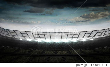 Flat design is showing empty stadium seats under overcast sky and curved roof with lit floodlights 133841101