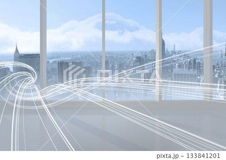 White curved light trails are flowing across highrise room with shiny floor, city view, flat design White curved light trails are flowing across highrise room with shiny floor, city view, flat design 133841201