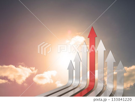 Red and grey arrows pointing up against sky Red and grey arrows pointing up against sky 133841220