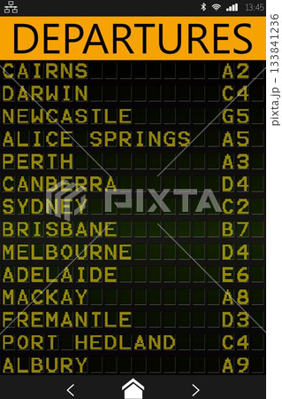 Mobile device UI is showing flat design digital departures board with city listings and status bar 133841236
