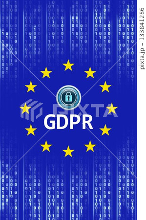 Flat design is showing binary streams over blue field with yellow star circle, padlock, GDPR text Flat design is showing binary streams over blue field with yellow star circle, padlock, GDPR text 133841286