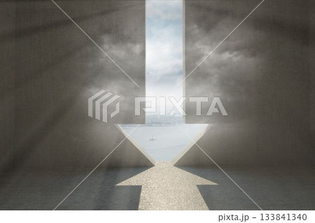 3D render is showing arrow-shaped aperture in concrete chamber, casting bright beam onto floor 133841340