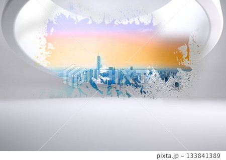 Panoramic city skyline is being shown through paint splatter framed oval cutout in flat design wall Panoramic city skyline is being shown through paint splatter framed oval cutout in flat design wall 133841389