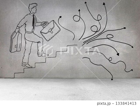 Grey wall with comic man and arrows 133841413