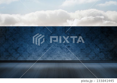 Flat design is showing minimal blue textured wall panel on wooden floor under cloudy sky 133841445
