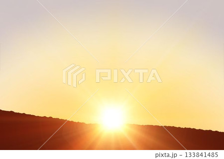 Sunrise is unfolding over jagged ridge in flat design, beams are illuminating sky with golden light 133841485