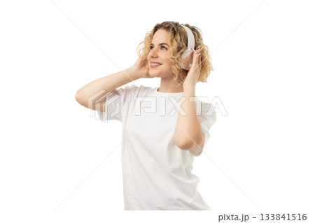 Smiling woman with headphones on, isolated on white, PNG Smiling woman with headphones on, isolated on white, PNG 133841516