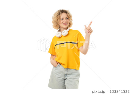 Happy woman in trendy clothes and headphones, isolated on white, PNG Happy woman in trendy clothes and headphones, isolated on white, PNG 133841522