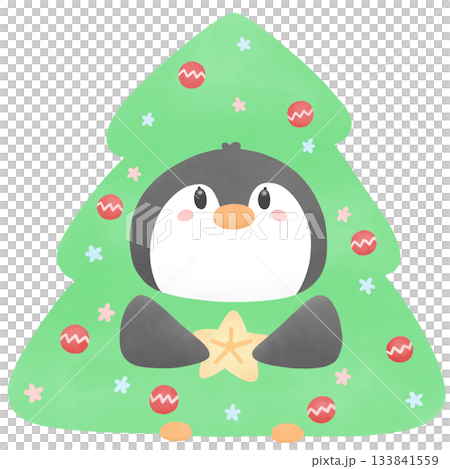 Penguin Wearing A Christmas Tree Costume - Watercolor 133841559