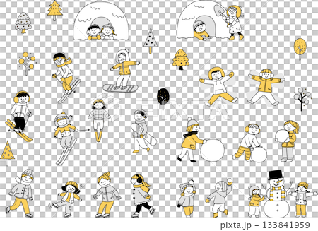 A set of monochrome illustrations of children enjoying skiing and playing in the snow A set of monochrome illustrations of children enjoying skiing and playing in the snow 133841959