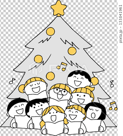 孩子們在聖誕樹前唱歌，黑白照片 133841961