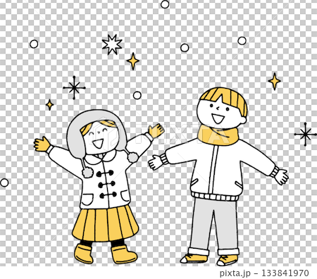 Children happy with falling snow, monochrome 133841970