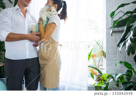 A veterinarian at home checks the health of a bandaged cat in a blanket after a sterilization operation, together with a female assistant 133842039