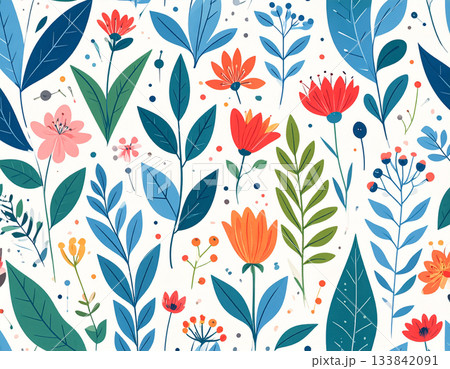 カラフルな花と葉のボタニカルシームレス柄 133842091