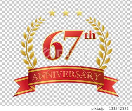 67th anniversary icon. Red ribbon and decorative frame. 133842521