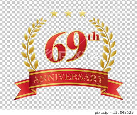 69週年紀念圖示。紅色絲帶和裝飾框。 69週年紀念圖示。紅色絲帶和裝飾框。 133842523