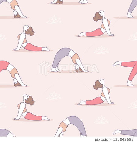 Girl Yoga Seamless Pattern. Cute sportswoman Doing Stretching and Pilates Poses on light pink background. Pastel Hand-Drawn Doodle. Vector Illustration for prints, textiles and designs. Not AI Girl Yoga Seamless Pattern. Cute sportswoman Doing Stretching and Pilates Poses on light pink background. Pastel Hand-Drawn Doodle. Vector Illustration for prints, textiles and designs. Not AI 133842685