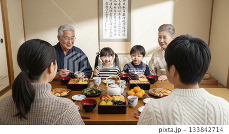 伝統的なおせち料理を食べる幸せそうな日本の家族 伝統的なおせち料理を食べる幸せそうな日本の家族 133842714