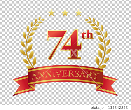 74週年紀念圖標。紅色絲帶和裝飾框。 133842838