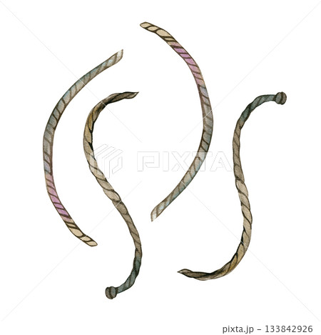 Watercolor twisted ropes symbolizing biblical themes of Passion and sacrifice. Textured hand-painted cords in earthy hues. Suitable for Christian illustrations, themed designs, historical or symbolic 133842926