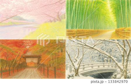 色鉛筆風で描いた日本の四季風景(春・夏・秋・冬)イラストセット 色鉛筆風で描いた日本の四季風景(春・夏・秋・冬)イラストセット 133842970