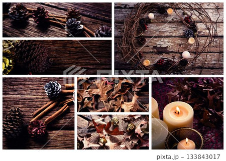 Flat design collage is showcasing wreath with candles and pinecones on rustic tabletop Flat design collage is showcasing wreath with candles and pinecones on rustic tabletop 133843017
